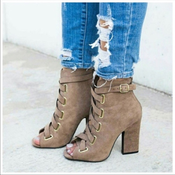 Brand New Tan Suede Heeled Booties - Picture 2 of 3